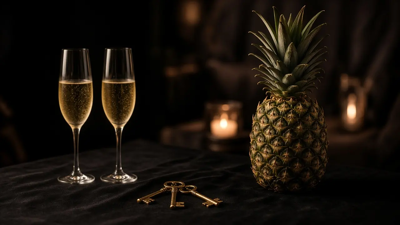 Champagne glasses, brass keys, and a pineapple set for a private lifestyle evening.