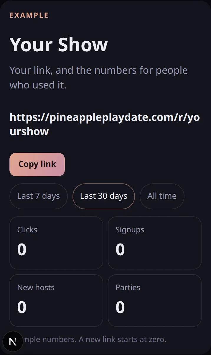 Example partner page with clicks, signups, new hosts, and parties at zero.
