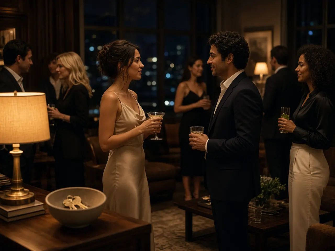 Adults mingling at an evening house party