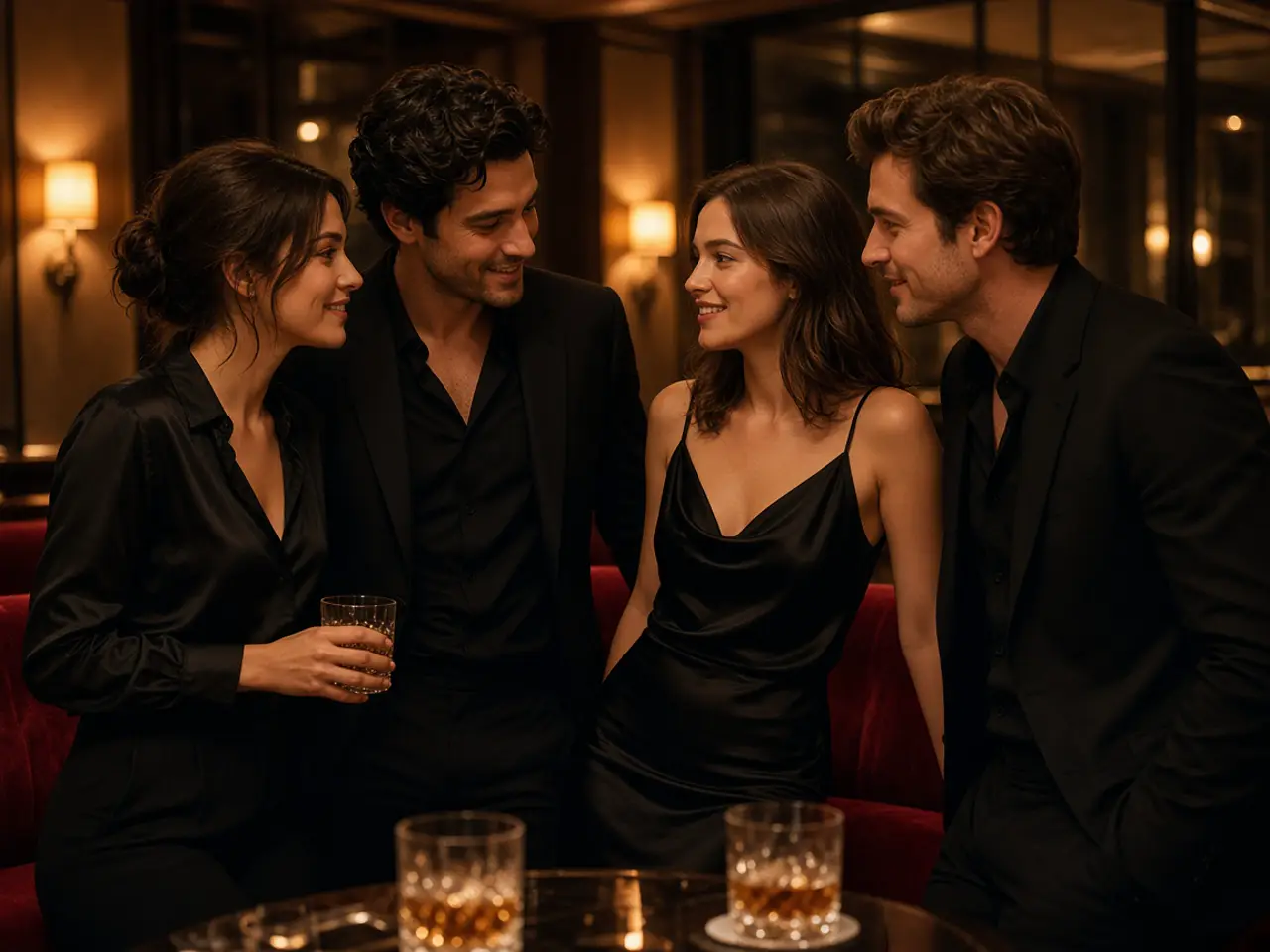 Adults gathered close together at a house party