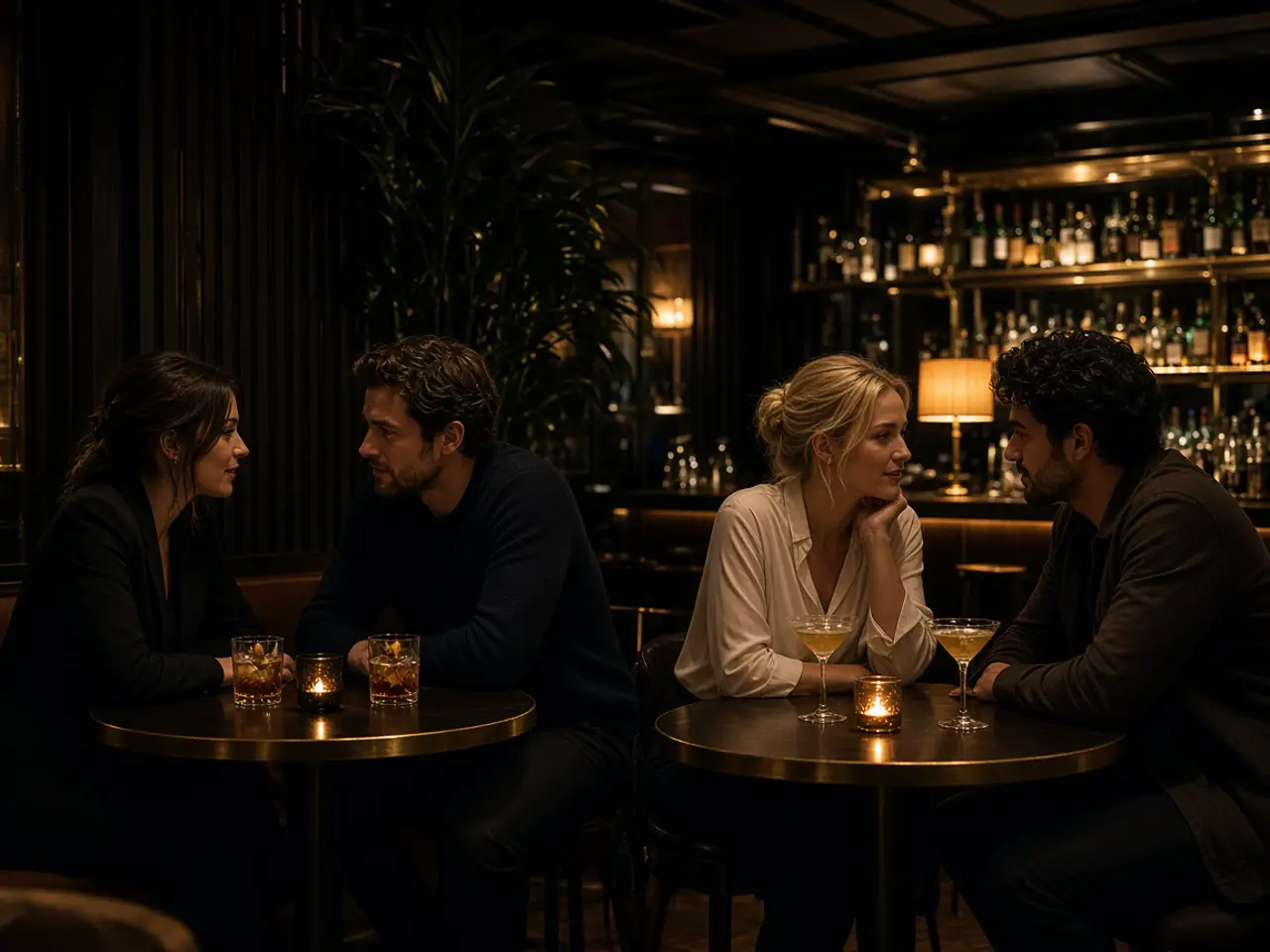 Couples talking at small tables in a warm lounge