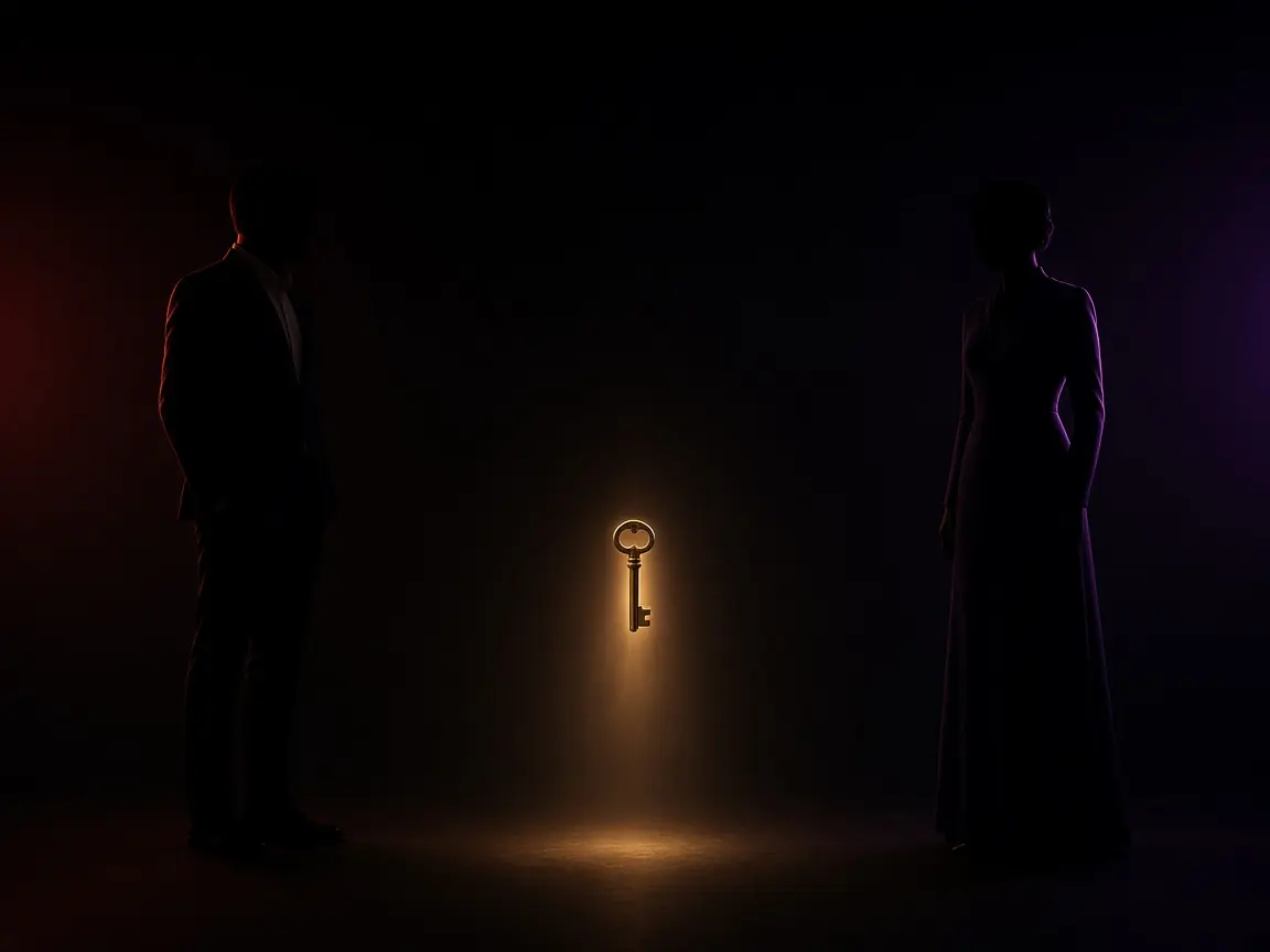 Two silhouettes in evening clothes before a key party reveal, with a key lit between them.