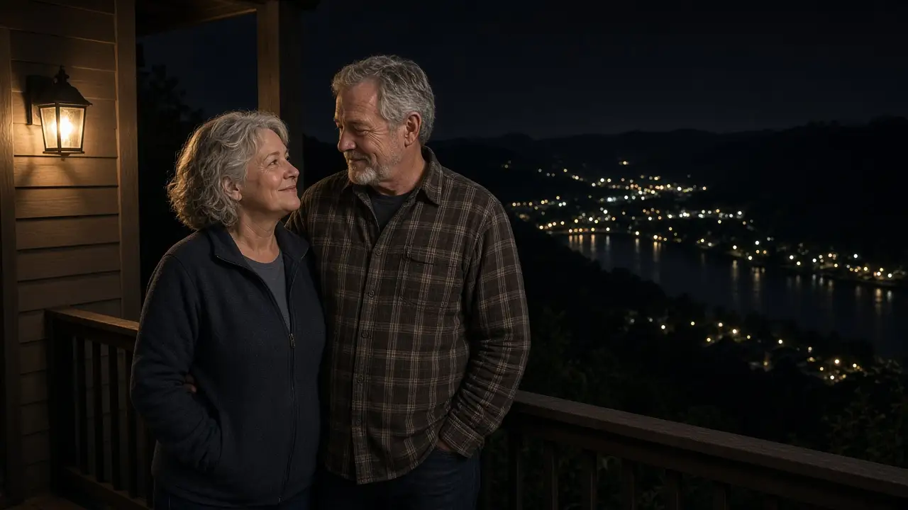 A dressed couple on a porch at night, valley lights and a warm lamp.