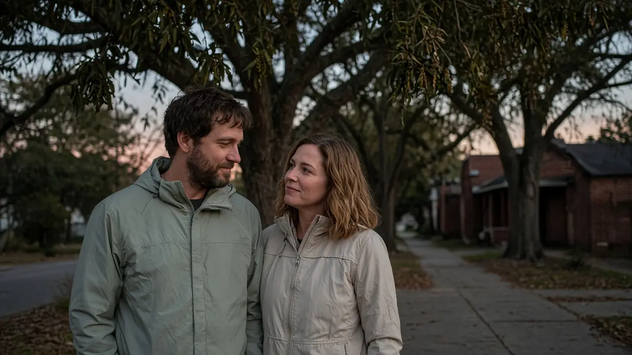 A dressed couple in light jackets under pecan trees at dusk, no signs.