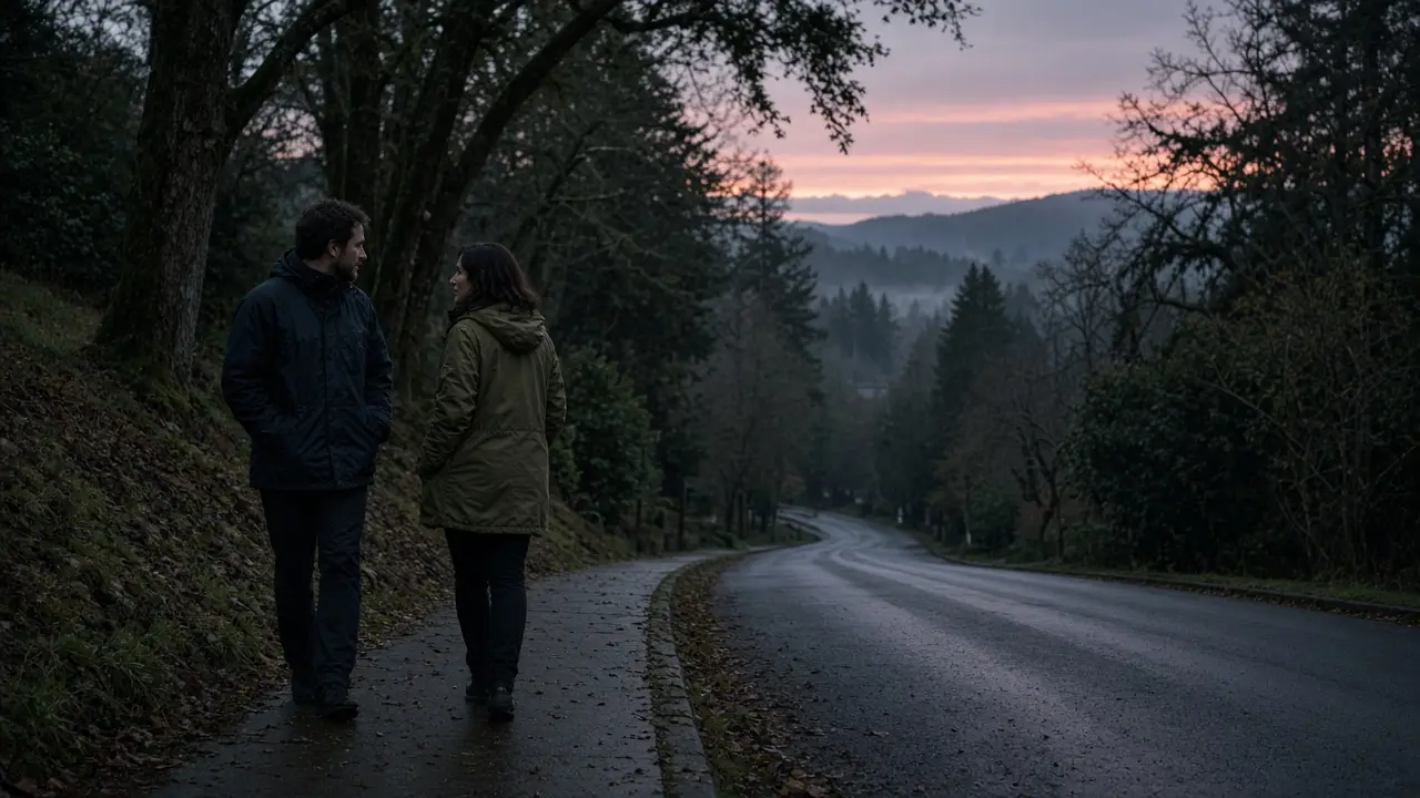 A dressed couple in jackets on a tree-lined sidewalk at dusk, no signs.