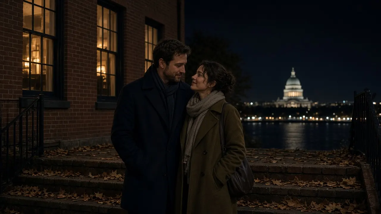 A dressed couple on a brick stoop at night, a river capitol and warm windows.