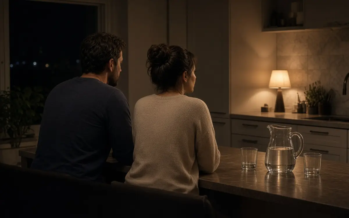 A dressed couple at a kitchen counter at night, wine glasses and a water pitcher.