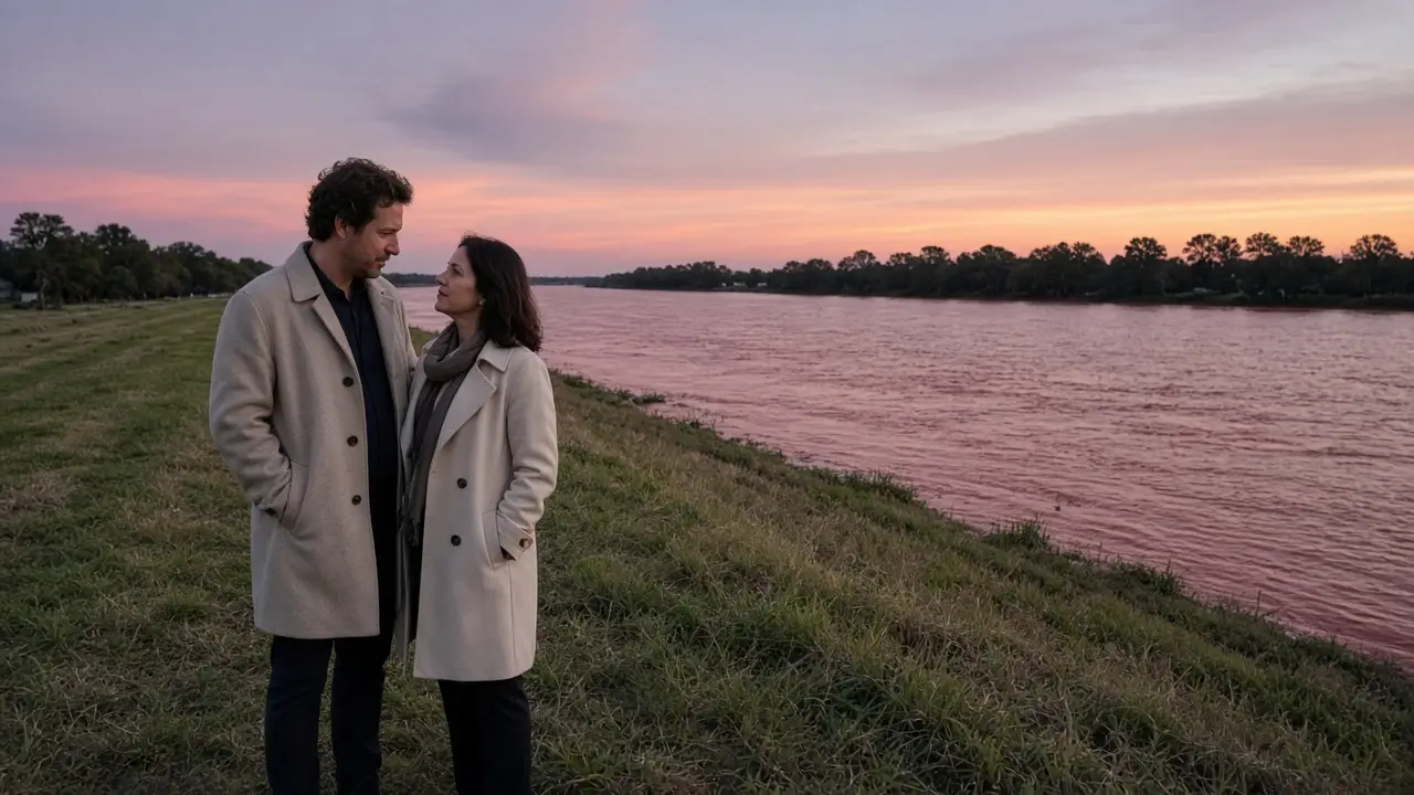 A dressed couple in coats on a grassy river levee at dusk, no signs.