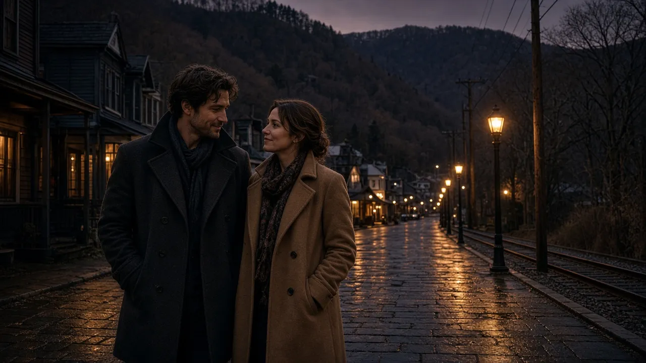 A dressed couple in coats on a ridge-town sidewalk at dusk, wooded hills behind, no signs.