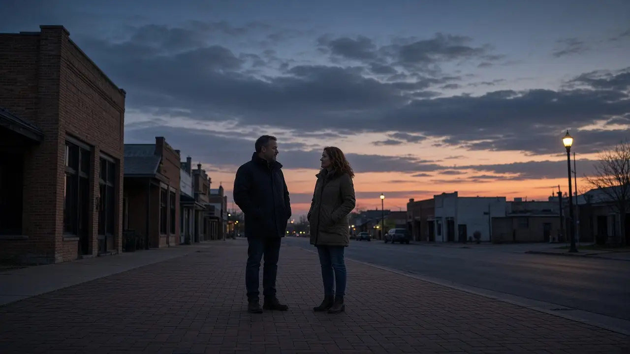 A dressed couple on a wide downtown sidewalk at dusk, a big sky and low brick buildings.