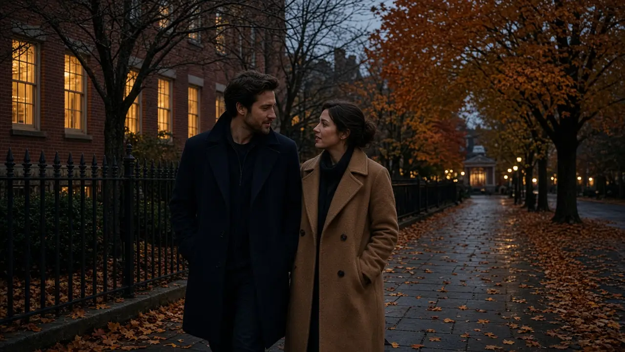 A dressed couple in coats on a New England sidewalk at dusk, autumn trees.