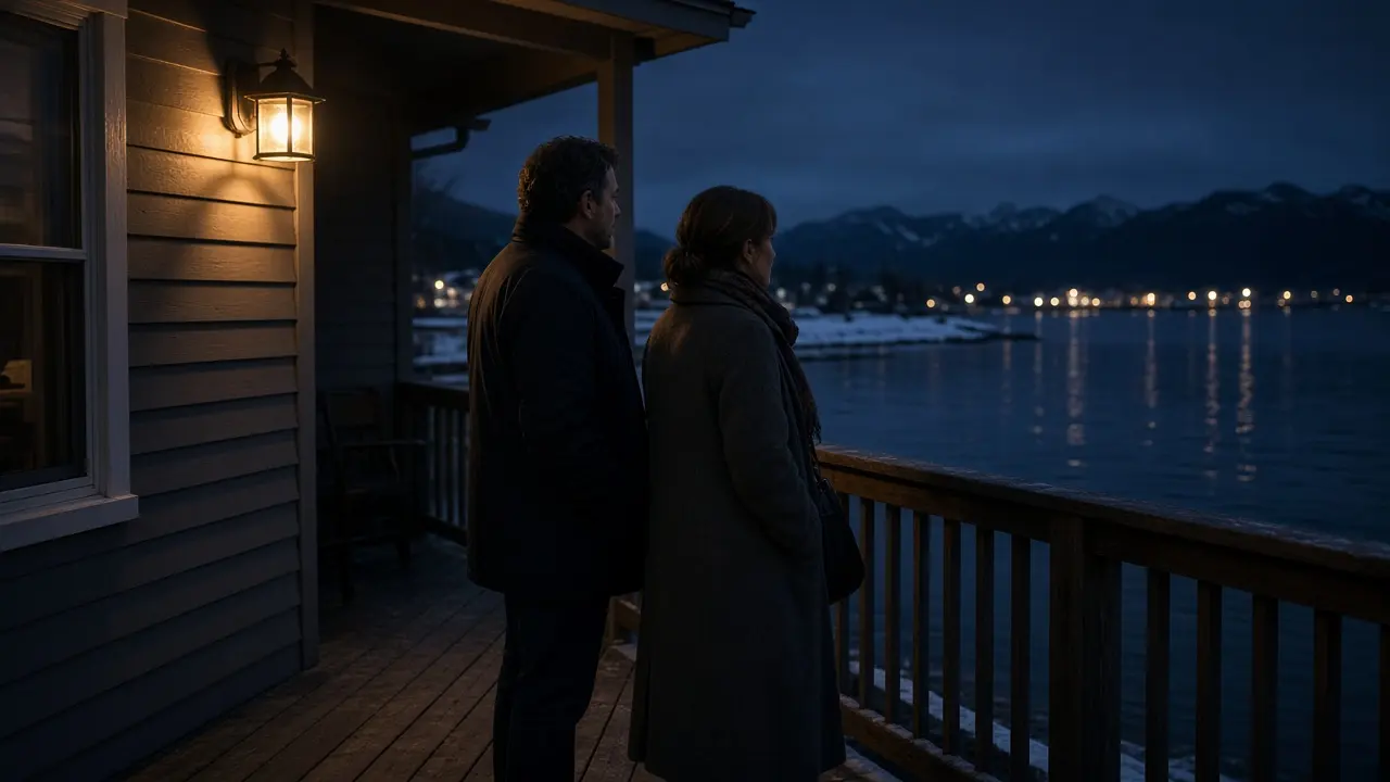 A dressed couple on a porch at night, a cold inlet and a warm lamp.