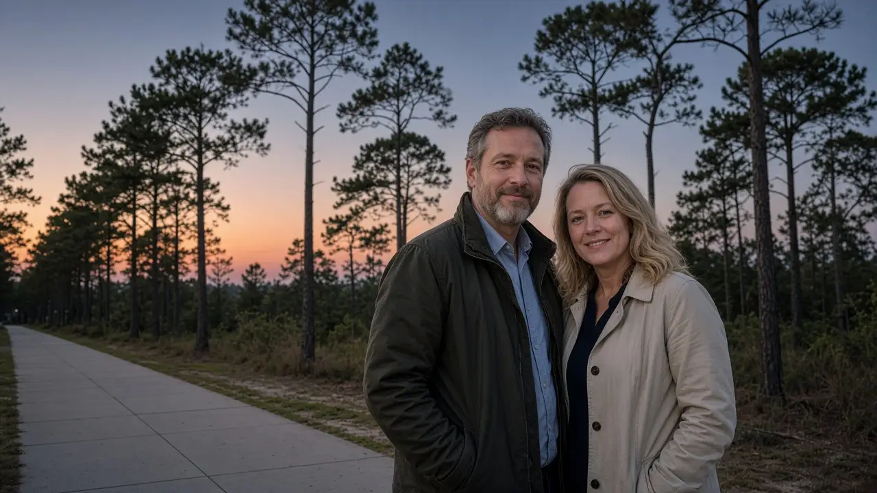 A dressed couple in jackets on a pine-woods sidewalk at dusk, longleaf pines, no signs.