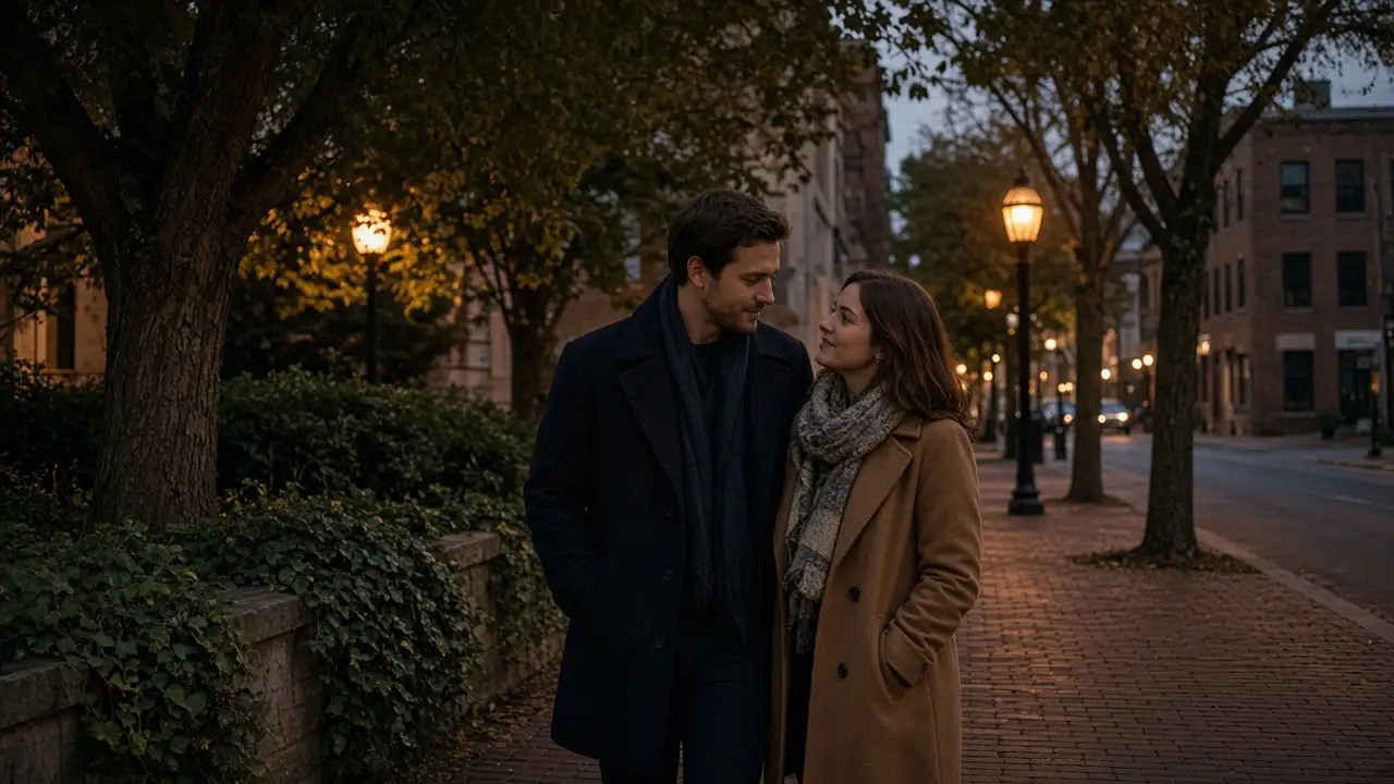 A dressed couple on a brick sidewalk at dusk, trees and a warm lamp.
