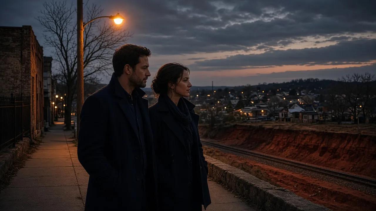 A dressed couple in dark jackets on a ridge-town sidewalk at dusk, red hills behind, no signs.