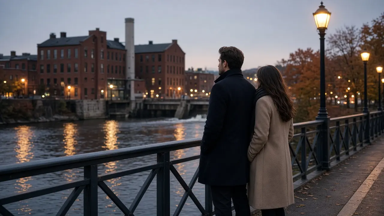 A dressed couple in coats on a river bridge at dusk.
