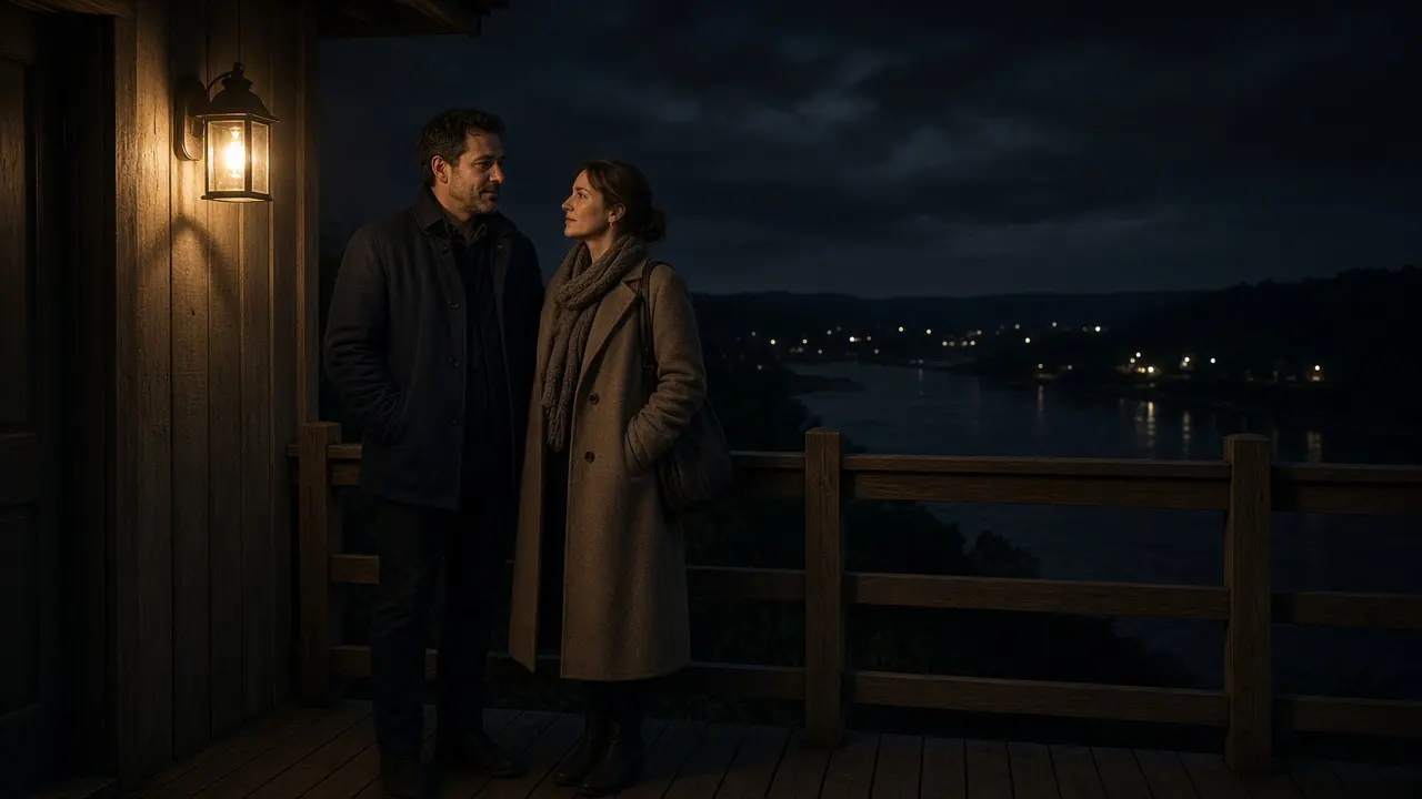A dressed couple on a porch at night, a river bluff and a warm lamp.