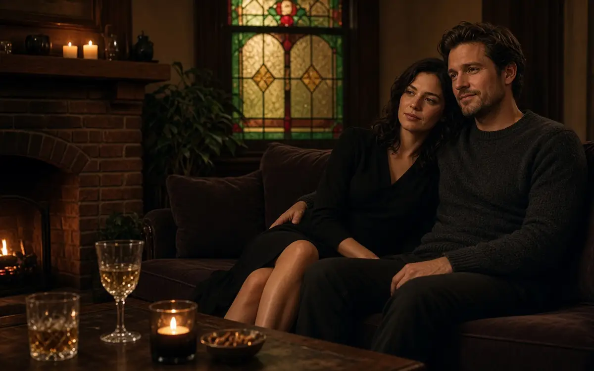 A dressed couple on a sofa by a brick fireplace, her black dress and his charcoal sweater.