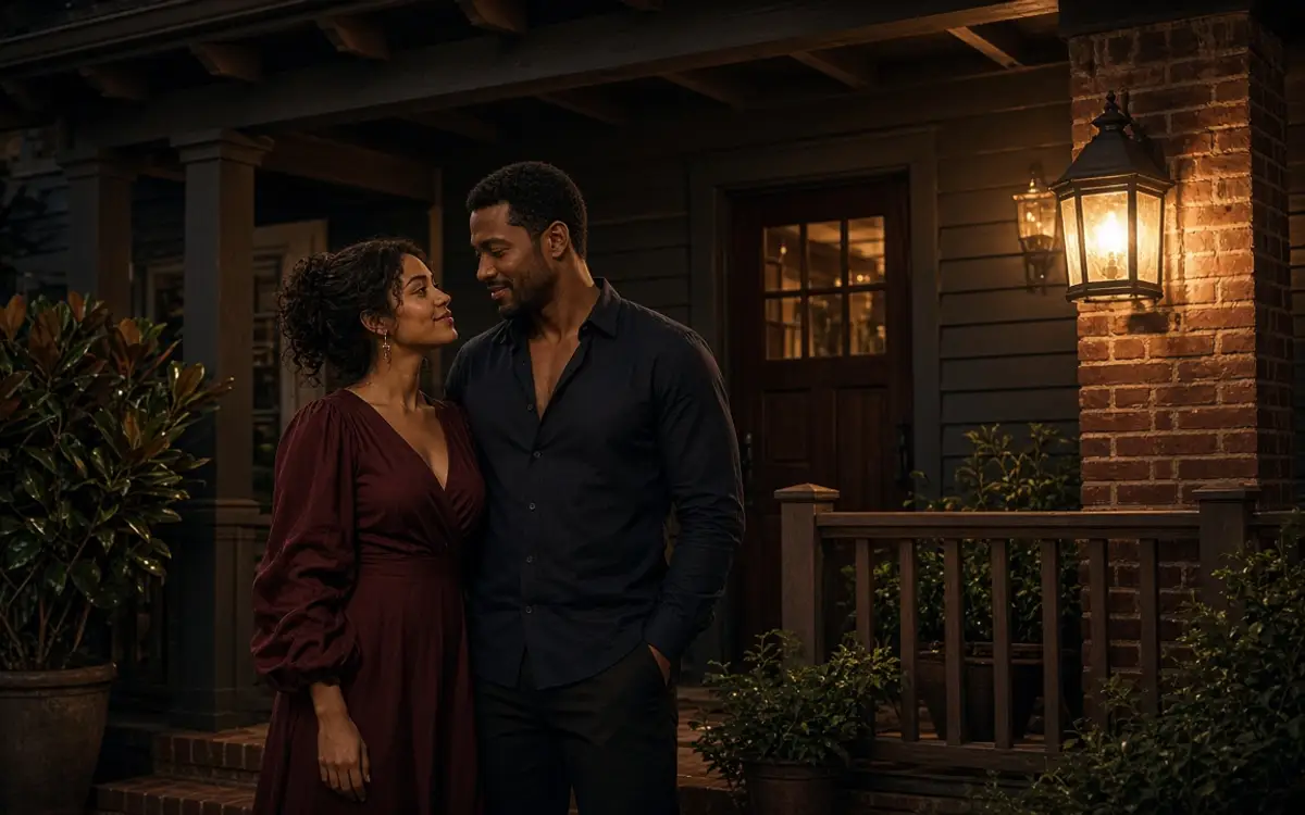 A dressed couple on a brick porch at night, her burgundy dress and magnolia leaves behind them.