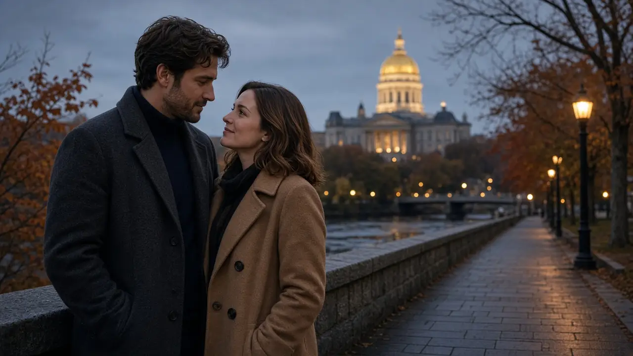 A dressed couple in wool coats on a river-capital sidewalk at dusk, autumn trees, no signs.