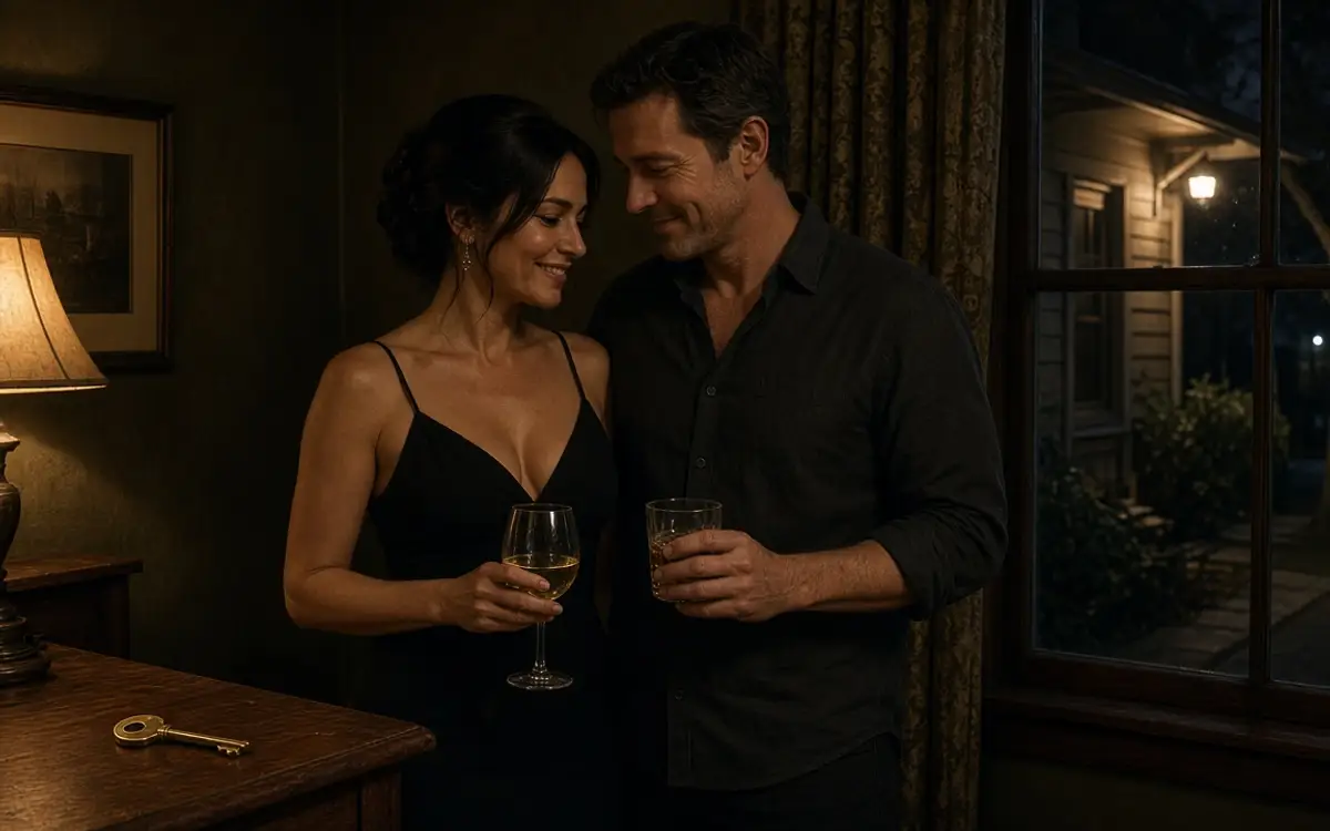 A dressed couple with drinks in an Austin bungalow, trees beyond the window.