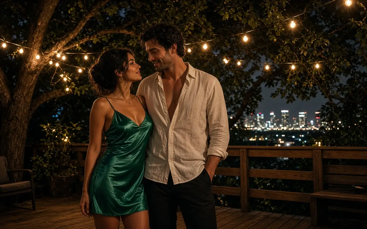 A dressed couple on an Austin deck at night, string lights and live oaks behind them.