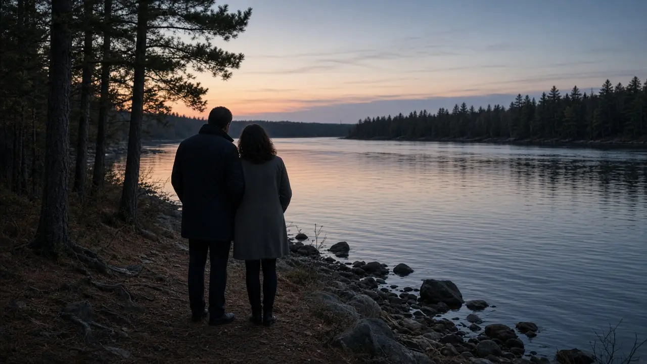 A dressed couple in coats beside a wide river at dusk, no signs.