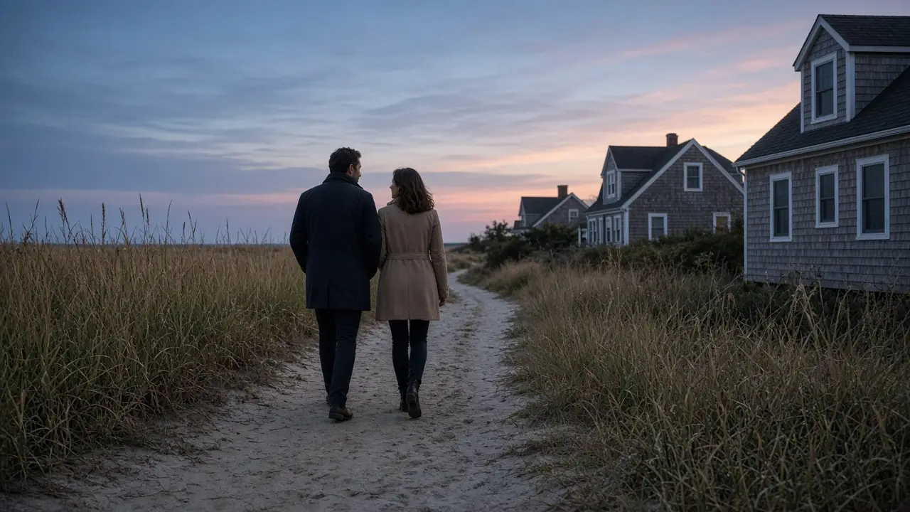 A dressed couple in coats on a sandy path between beach grass and shingle houses.