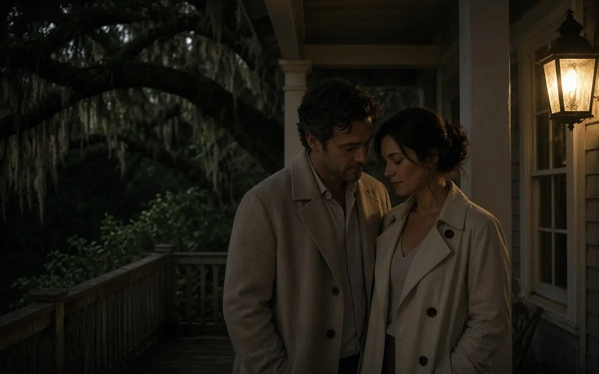 A dressed couple on a porch at night, live oaks and a warm lamp.