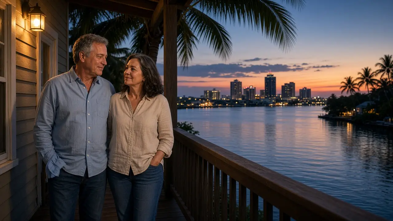 A dressed couple on a river walk at dusk, palms and a wide river.