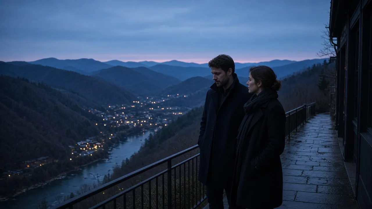 A dressed couple in dark coats on a mountain-town sidewalk at dusk, forested ridges behind, no signs.