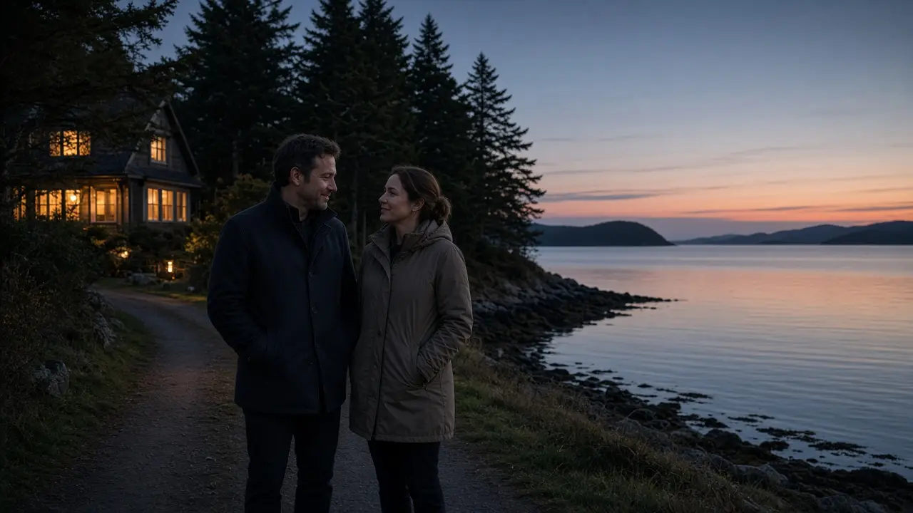 A dressed couple in coats on a bay path at dusk, evergreens and a quiet house.
