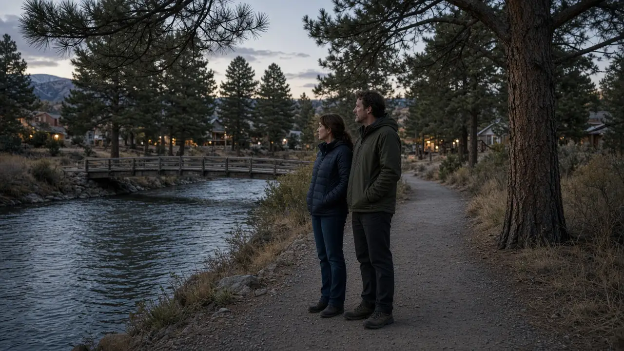 A dressed couple on a riverside path at dusk, ponderosa pines and a low footbridge.