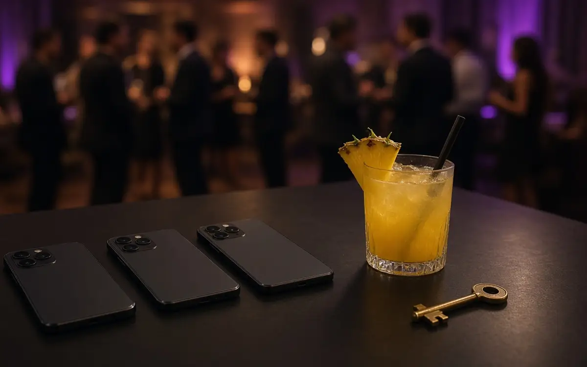 Three phones face down beside a pineapple cocktail and a brass key.