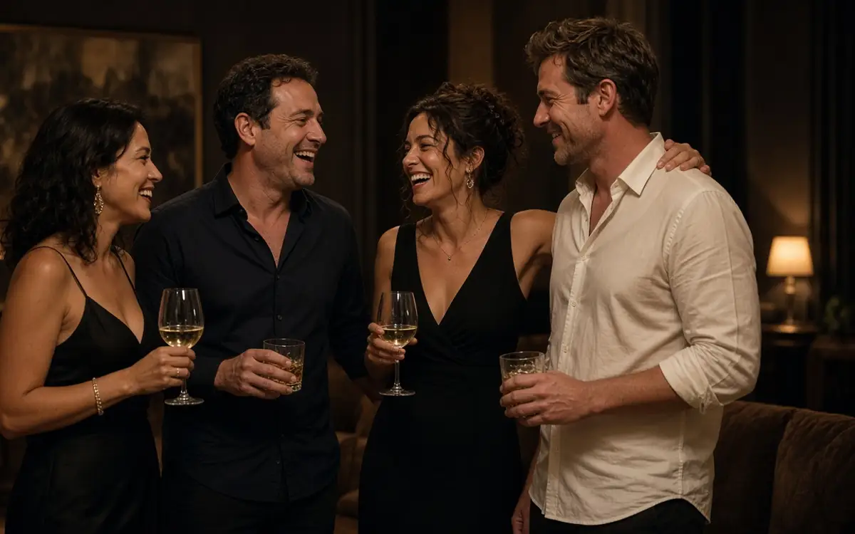 Four dressed guests in a loose circle at a private party, drinks in hand.