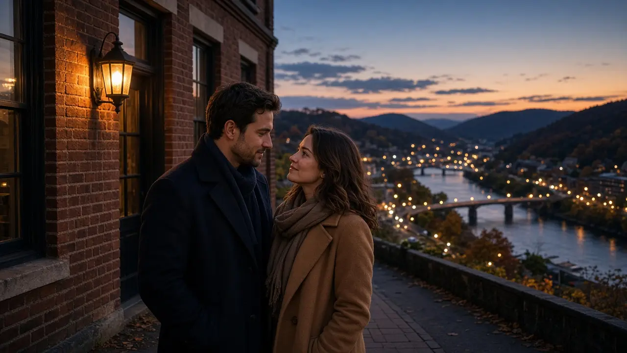 A dressed couple outside a brick downtown building at dusk.