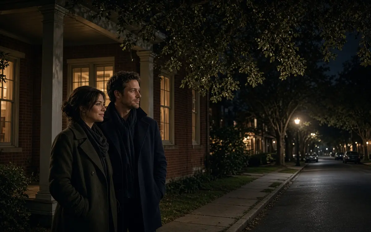 A dressed couple on a porch at night, leafy trees and warm windows.