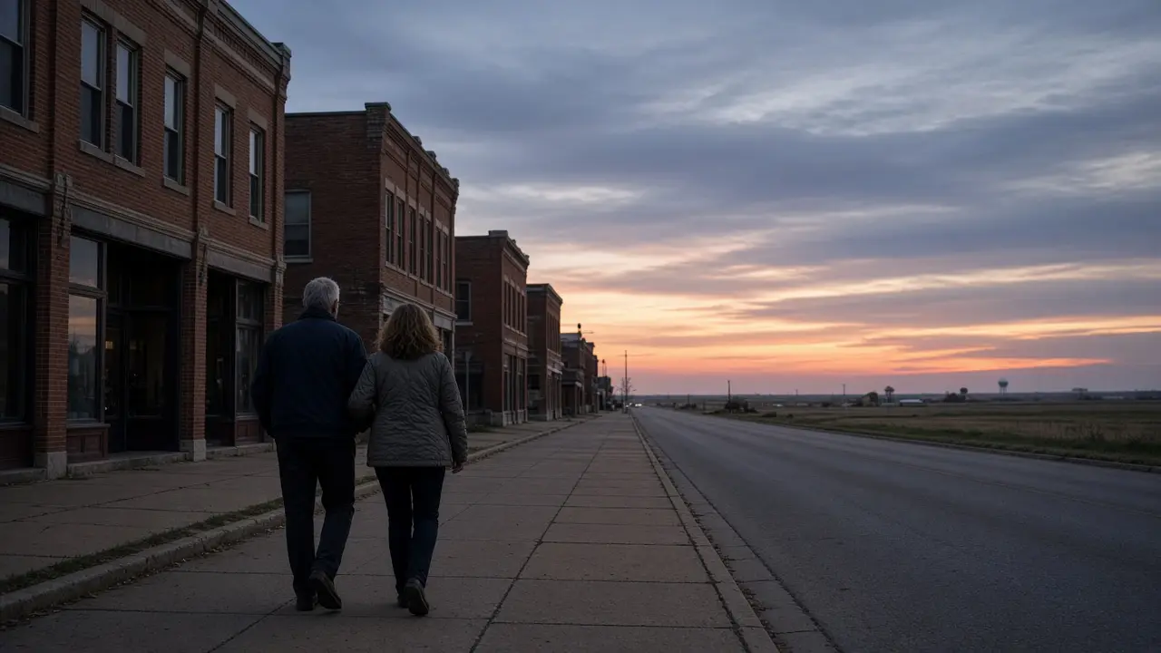A dressed couple in jackets on a prairie-town sidewalk at dusk, open sky.