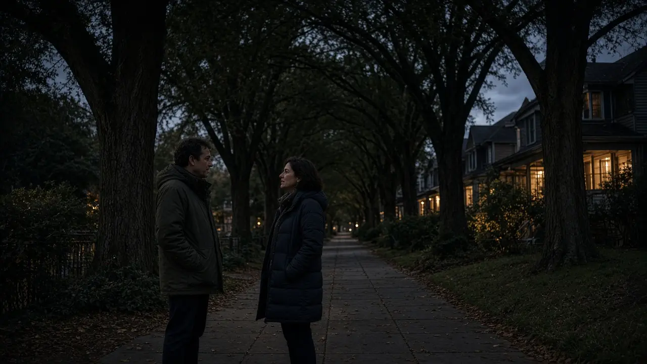 A dressed couple in jackets on a quiet sidewalk at dusk, tall trees.