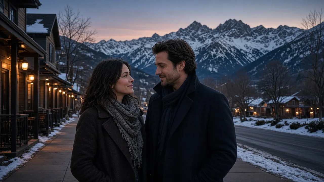 A dressed couple in wool coats on a mountain-town sidewalk at dusk, peaks behind, no signs.