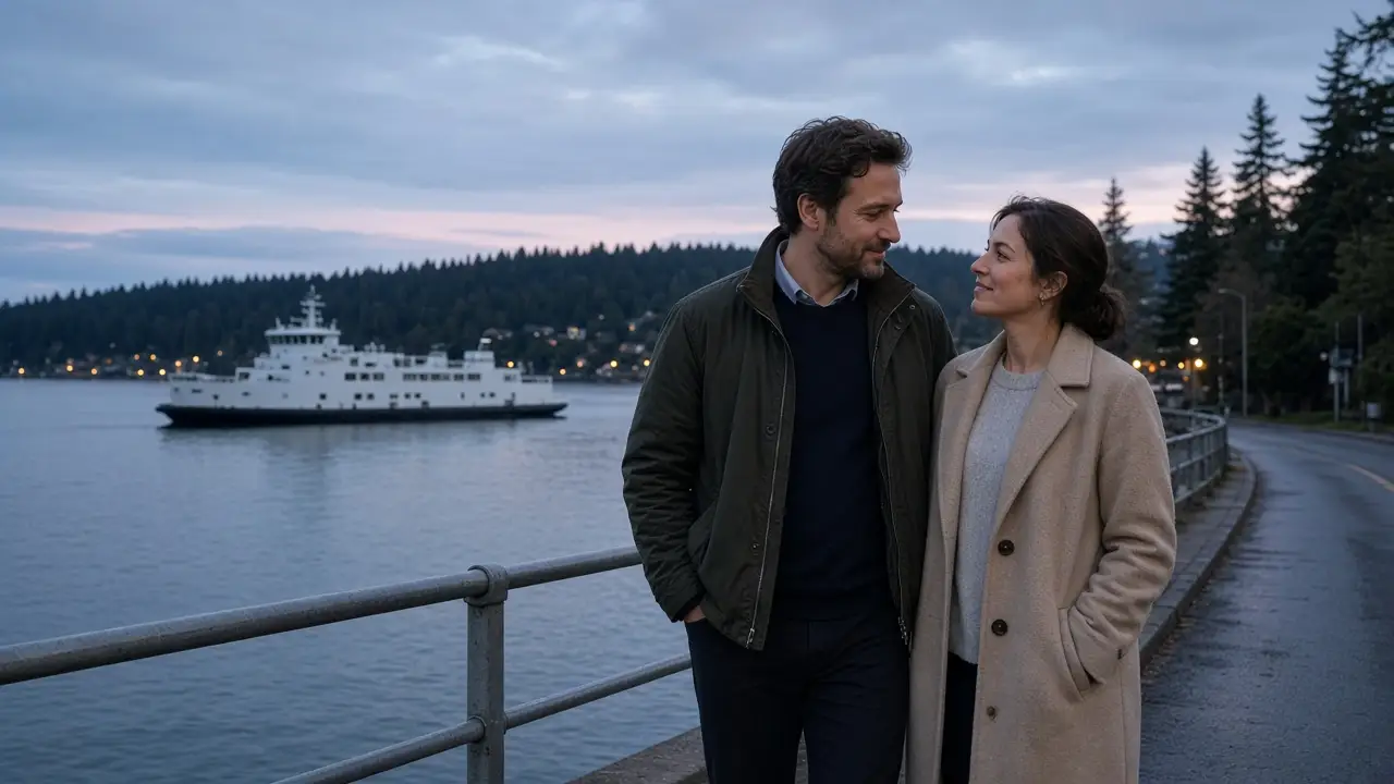 A dressed couple on a waterfront street at dusk, evergreen hills and a ferry.