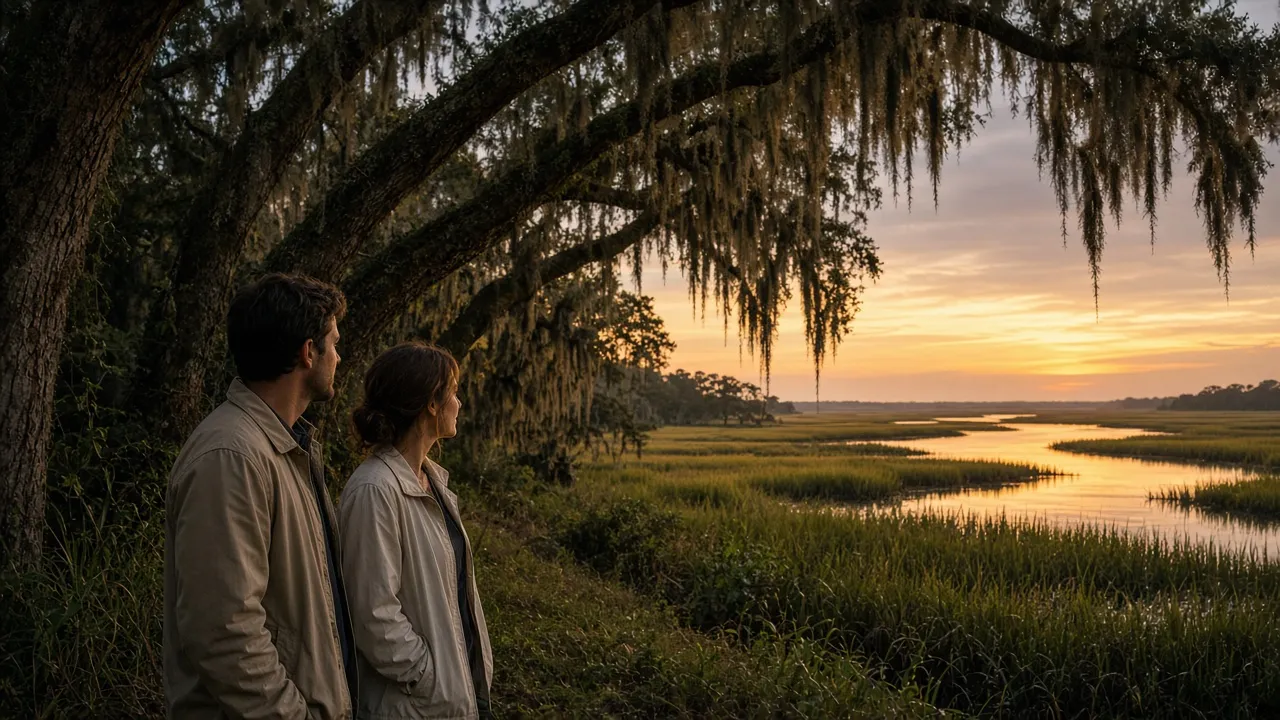 A dressed couple in light jackets under mossy live oaks at dusk, marsh light behind, no signs.
