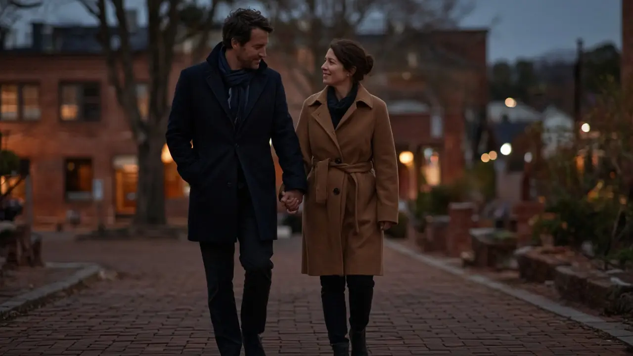 A dressed couple on a piedmont sidewalk at dusk, no signs.