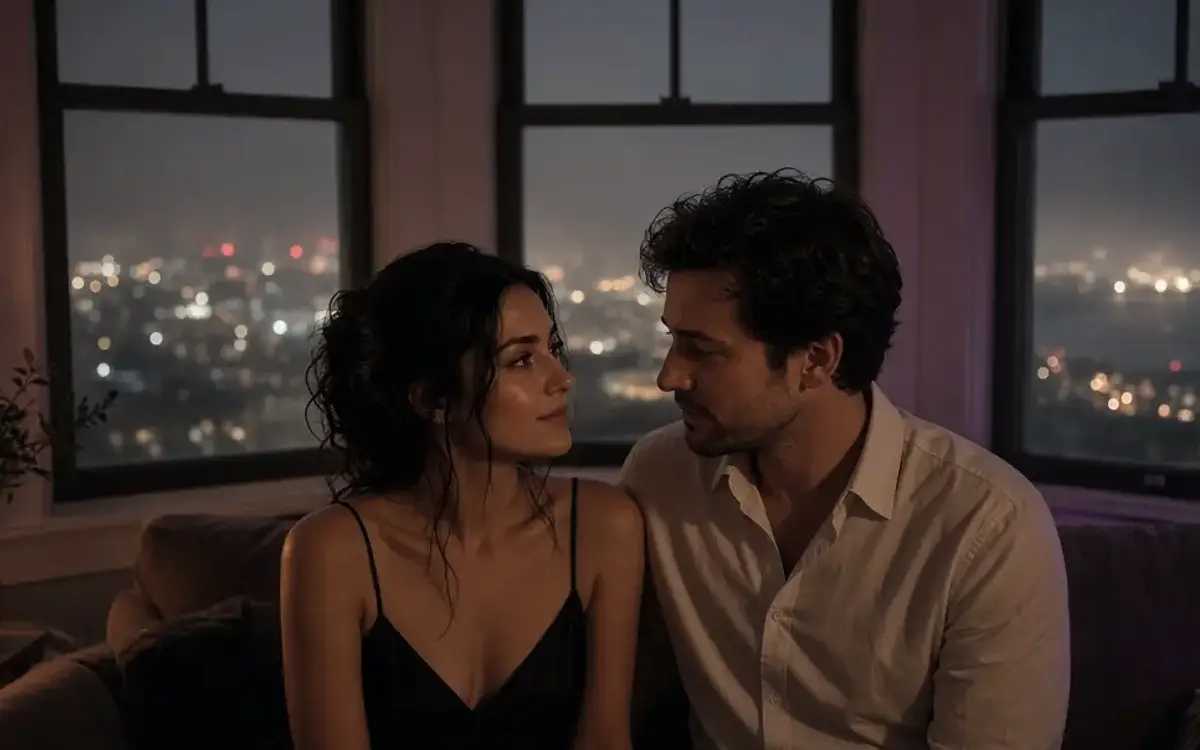 A dressed couple in a San Francisco living room at night, city lights beyond the window.