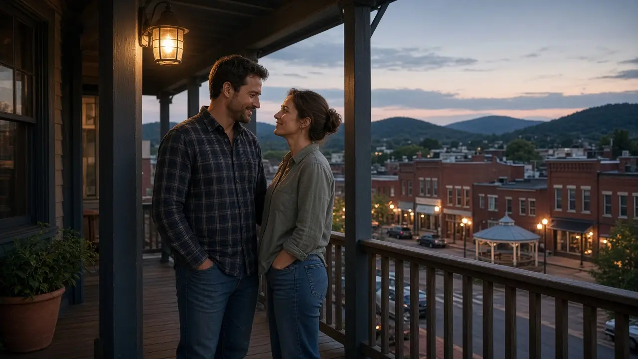 A dressed couple on a brick square at dusk, low hills behind a stone building.