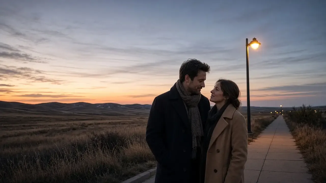 A dressed couple in coats on a high-plains sidewalk at dusk, a wide sky, no signs.