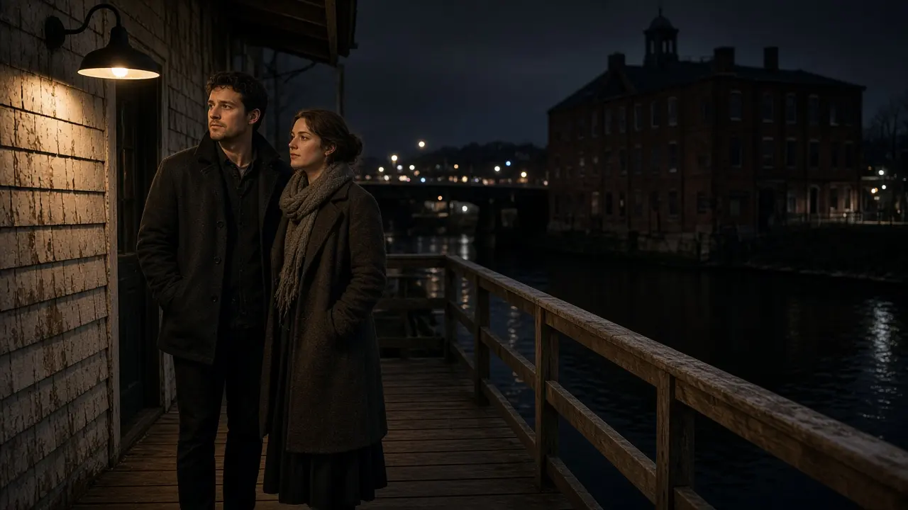 A dressed couple on a porch at night, a river mill and a warm lamp.