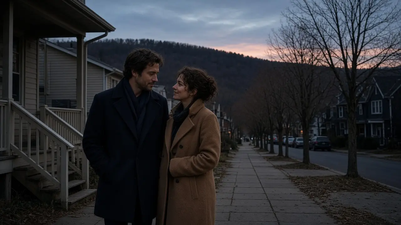 A dressed couple on a ridge-and-valley sidewalk at dusk, no signs.