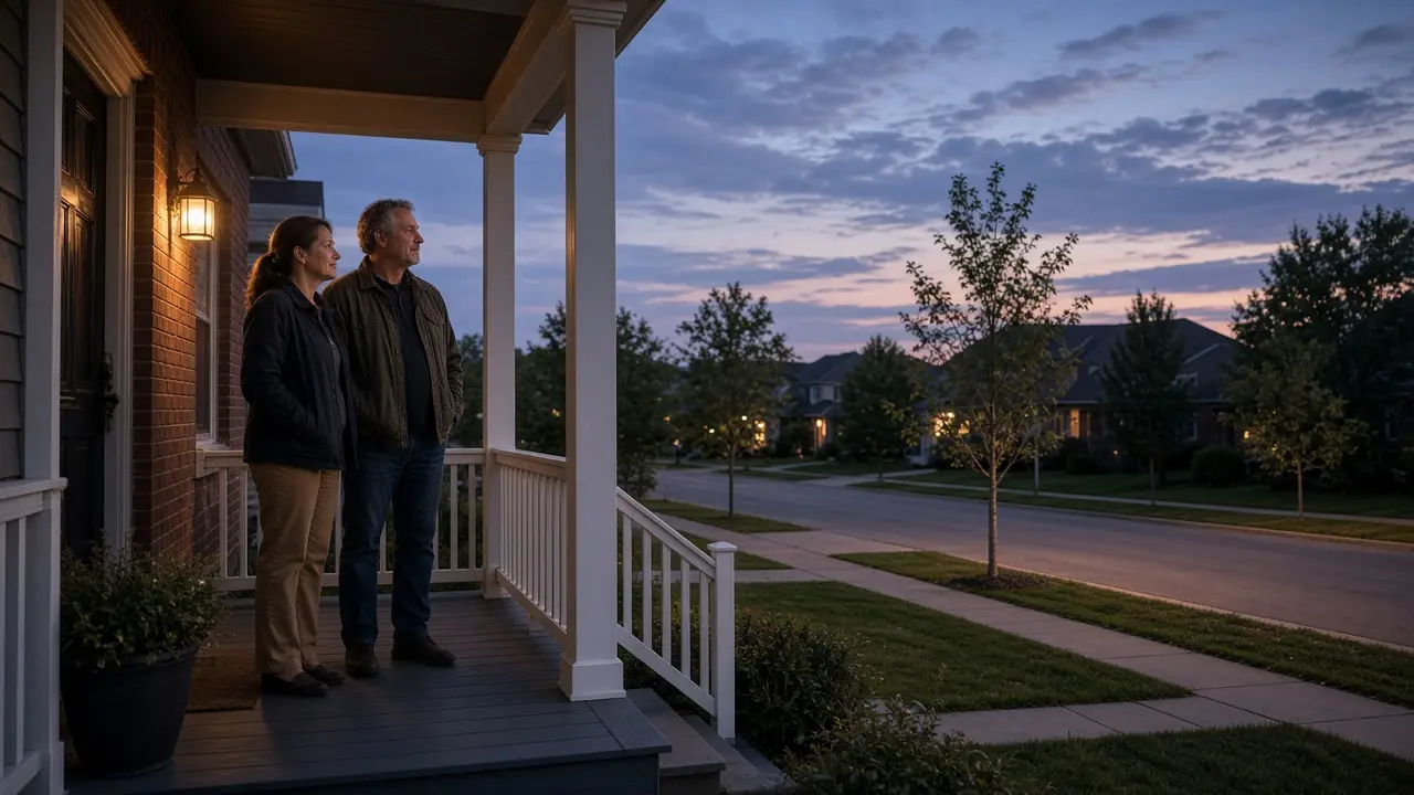 A dressed couple on a prairie-town porch at dusk, a brick street in front.