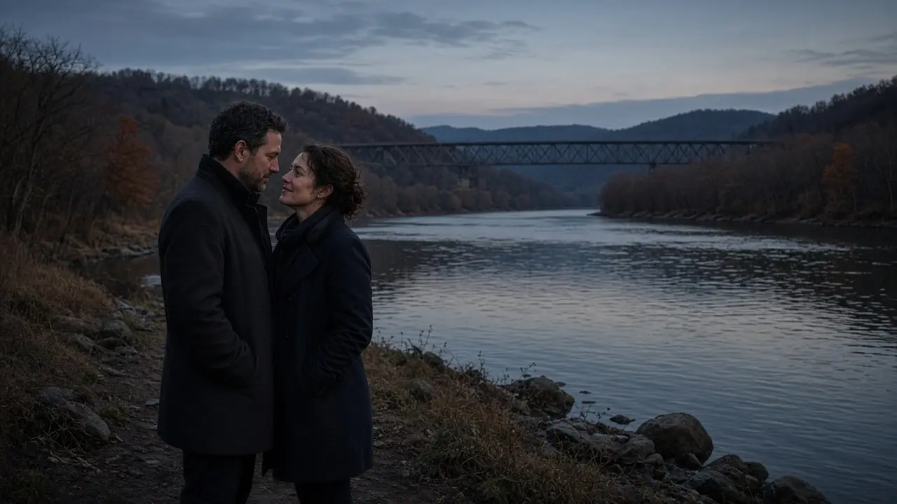 A dressed couple in a river valley at dusk, a distant bridge, no signs.